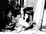  1girl camisole cigarette emanon_(character) greyscale highres kokudou_juunigou long_hair looking_at_viewer memories_of_emanon monochrome outdoors plant potted_plant short_shorts shorts solo squatting 