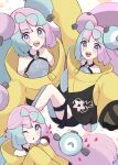 1girl bow-shaped_hair character_hair_ornament grey_pantyhose hair_ornament haru_(haruxxe) hexagon_print highres iono_(pokemon) jacket long_hair low-tied_long_hair multicolored_hair oversized_clothes pantyhose pokemon pokemon_(game) pokemon_sv sharp_teeth single_leg_pantyhose sleeves_past_fingers sleeves_past_wrists solo split-color_hair teeth twintails very_long_sleeves x yellow_jacket