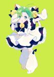  1girl animal_ears animal_hands animal_hat apron bell bow cat_ears cat_hat cat_tail dejiko di_gi_charat dress frilled_dress frills full_body gloves green_eyes green_hair hair_bell hair_ornament hat highres jamu_(yakinikuoi4) jingle_bell maid_apron open_mouth paw_gloves paw_shoes short_hair solo tail 