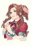  1girl aerith_gainsborough artist_name bangle bangs bracelet braid braided_ponytail breasts brown_hair choker dated final_fantasy final_fantasy_vii green_eyes hair_ribbon ichiko_milk_tei jacket jewelry long_hair looking_up own_hands_clasped own_hands_together parted_bangs parted_lips pink_ribbon red_jacket ribbon ribbon_choker short_sleeves sidelocks smile solo teeth upper_body wavy_hair 