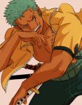  1boy :q bare_pectorals cropped fang feet_out_of_frame fighting_stance green_hair huanghying long_sideburns male_focus one_piece open_clothes open_shirt pectorals roronoa_zoro sheath short_hair sideburns solo tongue tongue_out unsheathing 
