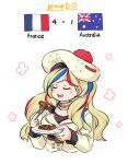 1girl 2022_fifa_world_cup australian_flag bangs blonde_hair blue_hair blush closed_eyes closed_mouth commandant_teste_(kancolle) commentary_request cropped_torso eating food french_flag holding holding_plate kantai_collection long_hair long_sleeves meat multicolored_hair open_mouth plate qatar2022 redhead scarf simple_background solo streaked_hair suda_(yuunagi_enikki) upper_body white_background white_hair world_cup