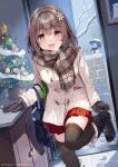  1girl :d bangs black_footwear black_gloves black_thighhighs boots brick_wall brown_coat brown_eyes brown_hair brown_scarf christmas christmas_ornaments christmas_tree coat commentary_request door doorway flower gloves hair_between_eyes hair_flower hair_ornament jacket long_hair miniskirt miyase_mahiro original plaid plaid_scarf pleated_skirt red_skirt removing_shoes scarf sidelocks skirt smile snowman solo thigh-highs umbrella watermark winter_clothes winter_coat 