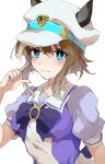  1girl bangs belt blue_eyes blush bow bowtie breasts brown_hair cheval_grand_(umamusume) closed_mouth ears_through_headwear hand_up hat hat_belt highres looking_at_viewer medium_hair pointing pointing_at_self puffy_short_sleeves puffy_sleeves purple_shirt ra_mun5239 sailor_collar school_uniform shirt short_sleeves simple_background small_breasts smile solo tracen_school_uniform umamusume upper_body white_background white_headwear 