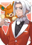  1boy akagi_kurage buttons clavell_(pokemon) closed_mouth commentary_request facial_hair glasses goatee hand_up highres holding holding_poke_ball jacket long_sleeves male_focus on_shoulder orange_jacket pawmi poke_ball pokemon pokemon_(creature) pokemon_(game) pokemon_on_shoulder pokemon_sv premier_ball round_eyewear short_hair smile upper_body white-framed_eyewear white_hair 