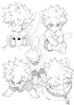  1boy aged_down all_fours animal_ears bakugou_katsuki bangs boku_no_hero_academia cat_boy cat_ears cat_tail coat coffee_mug commentary cup english_text greyscale highres holding holding_cup looking_at_viewer male_child male_focus monochrome mug sato_unta sequential shorts simple_background solo spiky_hair steam symbol-only_commentary tail teeth 
