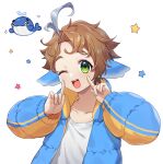  1boy ;d blue_jacket brown_hair collarbone copyright_request green_eyes highres jacket long_sleeves looking_at_viewer male_focus one_eye_closed open_clothes open_jacket puffy_long_sleeves puffy_sleeves sakura_chiyo_(konachi000) shirt simple_background smile solo star_(symbol) thick_eyebrows upper_body virtual_youtuber white_background white_shirt 