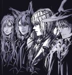  21exa 4boys amon_(lord_of_the_mysteries) angel antigonus_(lord_of_the_mysteries) bangs black_background blood_emperor chinese_commentary coat commentary_request dark fangs hat highres jacket looking_ahead lord_of_the_mysteries monochrome monocle mr._door multiple_boys one_eye_closed parted_lips robe simple_background teeth wizard_hat wolf_boy 