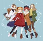4girls bangs belle_(shadows_house) beret blonde_hair blue_eyes blue_skirt blunt_bangs blush boots bow brown_hair casual coat dress earmuffs emilico_(shadows_house) fur_trim gloves green_eyes hair_bow hair_ornament hanasaki_nm hat high_heel_boots high_heels highres long_hair long_sleeves looking_at_viewer lou_(shadows_house) low_twintails mia_(shadows_house) mittens multiple_girls open_mouth pan-chan_(shadows_house) pantyhose pleated_skirt red_dress red_ribbon ribbon scarf shadows_house short_hair shorts skirt smile twintails two_side_up winter_clothes winter_coat yellow_eyes