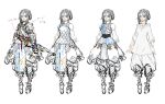  1girl absurdres armor blue_shirt breasts clenched_hand double_bun grey_eyes grey_hair hair_bun highres laeticia_aucerius long_shirt metal_boots metal_gloves official_art open_hands production_art scale_armor sheath sheathed shirt sketch small_breasts star_ocean star_ocean_the_divine_force sword two-tone_shirt v-shaped_eyebrows variations weapon white_background white_shirt yasuda_akira 