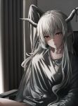  1girl alternate_costume arknights arm_up breasts brown_eyes curtains empty_eyes grey_hair grey_shirt horns indoors kureneko long_hair long_sleeves looking_at_viewer medium_breasts open_mouth pointy_ears shining_(arknights) shirt sitting solo very_long_hair 