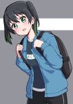  1girl 2020 absurdres backpack bag black_hair black_pants blue_jacket gradient_hair green_eyes highres jacket looking_at_viewer love_live! love_live!_nijigasaki_high_school_idol_club multicolored_hair open_mouth pants seion shirt standing sweat t-shirt takasaki_yuu twintails 