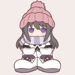  1girl akemi_homura black_hair blush boots chibi closed_mouth long_hair looking_at_viewer mahou_shoujo_madoka_magica oversized_clothes purple_scarf scarf smile solo striped striped_scarf violet_eyes white_footwear yuno385 