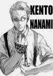  1boy absurdres character_name closed_mouth collared_shirt facing_viewer greyscale hand_up highres jujutsu_kaisen kuwoniagyu11112 male_focus monochrome nanami_kento necktie shirt short_hair simple_background sleeves_rolled_up solo sunglasses suspenders 