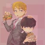  2boys black_hair burger buttons eating food formal hand_on_another&#039;s_head hera_souflee highres holding holding_food kageyama_shigeo long_sleeves male_focus mob_psycho_100 multiple_boys necktie open_mouth orange_hair reigen_arataka suit 