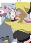 amamotyan bow-shaped_hair character_hair_ornament grey_pantyhose hair_ornament hexagon_print highres iono_(pokemon) jacket long_hair low-tied_long_hair multicolored_hair oversized_clothes pantyhose pokemon pokemon_(game) pokemon_sv sharp_teeth single_leg_pantyhose sleeves_past_fingers sleeves_past_wrists split-color_hair teeth twintails very_long_sleeves x yellow_jacket