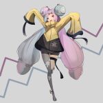 1girl bow-shaped_hair character_hair_ornament hair_ornament hexagon_print highres iono_(pokemon) jacket melnik multicolored_hair oversized_clothes pokemon pokemon_(game) pokemon_sv sharp_teeth sleeves_past_fingers sleeves_past_wrists split-color_hair teeth twintails yellow_jacket