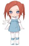  1girl :&lt; alternate_hairstyle animification apex_legends ashleigh_reid blue_dress blue_eyes blush boots chibi closed_mouth dress elbow_gloves frown full_body gloves highres looking_at_viewer nagoooon_114 pantyhose simple_background sketch solo sweatdrop twintails white_footwear white_gloves white_pantyhose 
