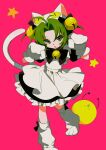  1girl animal_ears animal_hands animal_hat apron bell bow cat_ears cat_hat cat_tail dejiko di_gi_charat dress full_body gloves green_eyes green_hair hair_bell hair_ornament hat highres jingle_bell maid_apron open_mouth paw_gloves paw_pose paw_shoes short_hair solo tail ttk211 