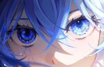  1girl 58_(opal_00_58) absurdres bangs blue_eyes blue_hair blurry blurry_foreground close-up covered_mouth crossed_bangs eye_focus highres hololive hoshimachi_suisei light light_blush looking_at_viewer mismatched_pupils sidelocks solo sunlight virtual_youtuber 