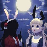  2girls animal_ears apron bangs blonde_hair blue_bow blue_dress blunt_bangs bow dress emilico_(shadows_house) flower hair_bow hair_flower hair_ornament kate_(shadows_house) long_hair long_sleeves looking_up moon multiple_girls night night_sky nikomi_(nikomix) open_mouth outdoors rabbit_ears red_dress shadow_(shadows_house) shadows_house sky surprised two_side_up upper_body violet_eyes white_apron 