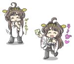  1girl :3 ahoge black_skirt boots brown_hair chibi closed_eyes detached_sleeves double_bun facing_viewer ferret-san hair_bun hairband headgear holding japanese_clothes kantai_collection kongou_(kancolle) long_hair multiple_views pleated_skirt ribbon-trimmed_sleeves ribbon_trim simple_background skirt smile standing thick_eyebrows thigh_boots white_background 
