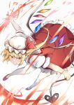  1girl absurdres blonde_hair crystal flandre_scarlet full_body grin hat hat_ribbon highres laevatein_(touhou) looking_at_viewer mob_cap nagomian one_side_up red_eyes red_footwear red_ribbon red_skirt red_vest ribbon shirt short_sleeves skirt smile solo touhou vest white_background white_headwear white_shirt wings 