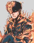  1boy absurdres agni_(fire_punch) black_hair burn_scar burning burnt fire fire_punch flaming_eye grey_background highres looking_at_viewer nosebleed404 scar short_hair simple_background solo yellow_eyes 