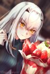  1girl dessert fairy_knight_lancelot_(fate) fate/grand_order fate_(series) food forked_eyebrows fruit highres holding holding_spoon ice_cream long_hair minestrongzzz parfait sidelocks solo spoon strawberry strawberry_parfait whipped_cream white_hair yellow_eyes 