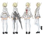  absurdres bangs black_footwear blonde_hair blue_eyes breasts double_bun doughnut_hair_bun dress expressionless eyebrows_hidden_by_hair godz_order hair_bun highres holstered_weapon missing_limb multiple_views official_art open_hands profile reference_sheet shoes sidelocks small_breasts sword thigh-highs weapon white_dress white_thighhighs yasuda_akira yuri_godbuster 
