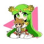  1girl bare_shoulders character_doll chibi doll dot_nose dress forehead_jewel green_eyes green_hair hair_ornament highres holding holding_doll jewelry kid_icarus kid_icarus_uprising long_hair looking_at_viewer palutena pit_(kid_icarus) seiza simple_background sitting twitter_username very_long_hair white_dress yu_makoto_(yu_uma) 