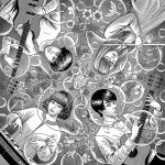  2boys 2girls acoustic_guitar album_cover band bass_guitar bird black_hair closed_mouth cover flower flute glasses greyscale guitar highres instrument itou_junji jyocho_(band) keyboard_(instrument) looking_at_viewer monochrome multiple_boys multiple_girls real_life second-party_source 