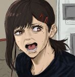  1girl asymmetrical_hair bangs black_shirt brown_eyes brown_hair chainsaw_man commentary door english_commentary hair_ornament hairclip higashiyama_kobeni highres indoors jerma985 mole mole_under_eye mole_under_mouth multiple_moles nairdags open_mouth photo-referenced portrait shirt short_hair short_ponytail shouting single_sidelock solo sweat sweating_profusely uneven_eyes 