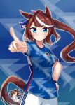  1girl 2022_fifa_world_cup adidas alternate_costume animal_ears ball bangs blue_background blue_eyes blue_shirt bow breasts brown_hair chibi chibi_inset closed_mouth collarbone commentary_request cowboy_shot ear_ribbon floating_hair hair_bow hair_flaps hand_on_hip high_ponytail highres horse_ears horse_girl horse_tail japan long_hair looking_at_viewer multicolored_hair pink_bow pointing pointing_at_viewer ponytail shirt short_sleeves shorts sidelocks small_breasts smile soccer_ball soccer_uniform soramuko sportswear standing streaked_hair tail tokai_teio_(umamusume) two-tone_hair umamusume white_hair white_shorts world_cup wristband 