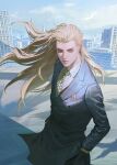  1boy bird blonde_hair buttons city cityscape formal handkerchief hands_in_pockets highres long_hair long_sleeves louis_cypher lucifer_(shin_megami_tensei) male_focus necktie o_c_x pointy_ears red_eyes rooftop shin_megami_tensei shin_megami_tensei_ii solo standing suit 