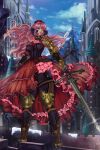  1girl absurdres armor au_ra bad_source corset curly_hair dress final_fantasy final_fantasy_xiv highres horns ishgardian knight long_hair looking_to_the_side paladin_(final_fantasy) pink_hair scales solo sword tail very_long_hair warrior weapon 