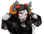  1girl aradia_megido black_hair black_nails blank_eyes eyelashes fishnet_gloves fishnets gloves goat_horns highres homestuck horns jewelry lipstick long_hair makeup nail_polish necklace pentagram_necklace tealidium troll_(homestuck) white_background white_eyes 