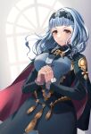  1girl absurdres bags_under_eyes bangs blue_hair blush breasts brown_eyes dress fire_emblem fire_emblem:_three_houses fire_emblem_warriors:_three_hopes highres large_breasts long_hair long_sleeves looking_at_viewer marianne_von_edmund open_mouth reia_hana simple_background solo upper_body wavy_hair 