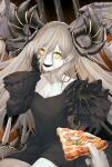  1girl abyssal_ship black_dress commission crazy_eyes crazy_smile dress food hand_on_own_face highres horns kantai_collection long_hair long_sleeves looking_at_viewer mediterranean_dreadnought_water_princess mokuren_(mozukukirai88) open_mouth pale_skin pizza pizza_slice smile solo 