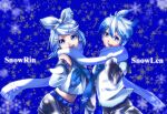 1boy 1girl alternate_hair_color belt blue_hair detached_sleeves gloves happy headphones kagamine_len kagamine_rin looking_at_viewer mittens shorts siblings skirt sky-sky smile snowing twins vocaloid white_hair winter winter_clothes