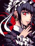  1girl artist_name bangs black_hair black_thighhighs blunt_bangs blush bonnet card celestia_ludenberg claw_ring criis-chan danganronpa:_trigger_happy_havoc danganronpa_(series) drill_hair ear_piercing earrings frills from_side gothic_lolita hand_up jewelry lolita_fashion long_hair long_sleeves looking_at_viewer nail_polish necktie parted_lips piercing red_background red_eyes revision smile solo teeth thigh-highs twin_drills twintails upper_body 