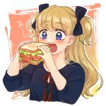  1girl bangs blonde_hair blue_bow blue_dress blue_eyes blunt_bangs blush bow dress eating emilico_(shadows_house) food hair_bow hanasaki_nm holding holding_food long_hair open_mouth sandwich shadows_house solo twintails two_side_up upper_body 