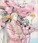  1boy 1girl 2others belt black_belt black_cape blonde_hair blue_eyes blue_hair cable cape char&#039;s_counterattack char&#039;s_counterattack_-_beltorchika&#039;s_children char_aznable crossed_arms frown gundam hair_behind_ear hand_on_hip highres jacket machinery mecha multiple_others nightingale_(gundam) pilot_suit quess_paraya red_jacket robot science_fiction shikishi thrusters toweling3 traditional_media twintails uneven_twintails 