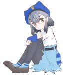  1girl arm_warmers belt beret black_pantyhose blue_headwear blue_skirt blue_sleeves blue_socks blush brown_footwear frilled_skirt frills green_eyes grey_hair hat high-waist_skirt highres hikari_(kemono_friends) kemono_friends kemono_friends_3 knees_to_chest loafers looking_at_viewer multicolored_hair nyctereutes pantyhose shirt shoes short_hair short_sleeves sitting skirt socks solo t-shirt two-tone_hair white_shirt 