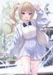 1girl :d alternate_costume arm_up bae.c bangs barbara_(genshin_impact) blonde_hair blue_bow blue_bowtie blue_eyes blurry blurry_background blush bow bowtie breasts buttons collared_shirt commentary cross_print drawstring dress_shirt drill_hair fountain fox_shadow_puppet genshin_impact grey_jacket grey_skirt happy high-waist_skirt highres hood hood_down hooded_jacket jacket long_hair long_sleeves looking_at_viewer medium_breasts necktie no_headwear open_clothes open_jacket open_mouth pleated_skirt school_uniform shirt shirt_tucked_in short_necktie sidelocks skirt sleeves_past_wrists smile solo thigh-highs twin_drills twintails water white_shirt white_thighhighs zettai_ryouiki