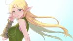  1girl blonde_hair circlet closed_mouth deedlit elf floating_hair from_side gradient gradient_background green_eyes green_shirt highres junjonta long_hair looking_at_viewer pointy_ears record_of_lodoss_war shiny shiny_hair shirt sleeveless sleeveless_shirt smile solo straight_hair upper_body very_long_hair white_background 