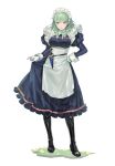  1girl boots breasts byleth_(fire_emblem) byleth_eisner_(female) clothes_lift dagger fire_emblem fire_emblem:_three_houses full_body gloves green_eyes green_hair hair_between_eyes high_heel_boots high_heels highres knife lifted_by_self long_sleeves maid maid_headdress medium_hair neekosiah sheath sheathed simple_background skirt skirt_lift solo standing weapon white_background 