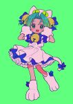 1girl animal_hands animal_hat apron bell blue_dress blush cat_hat cat_tail dejiko di_gi_charat discowars dress frilled_dress frills full_body gloves green_background green_hair hair_bell hair_ornament hair_ribbon hands_up hat jingle_bell leg_up looking_at_viewer maid_apron open_mouth paw_gloves paw_shoes puffy_short_sleeves puffy_sleeves ribbon short_hair short_sleeves simple_background smile solo tail tail_ornament tail_ribbon teeth 