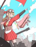  1girl absurdres adapted_costume aircraft airplane biplane black_shirt blonde_hair clouds cloudy_sky flandre_scarlet goggles goggles_on_headwear helmet highres jacket long_sleeves necktie pointing red_eyes red_jacket red_skirt rubble shirt skirt sky smile solo touhou vanilla_flan yellow_necktie 