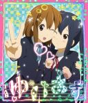  2girls black_hair brown_eyes brown_hair closed_mouth heart hirasawa_yui k-on! multiple_girls nakano_azusa one_eye_closed open_mouth school_uniform v 